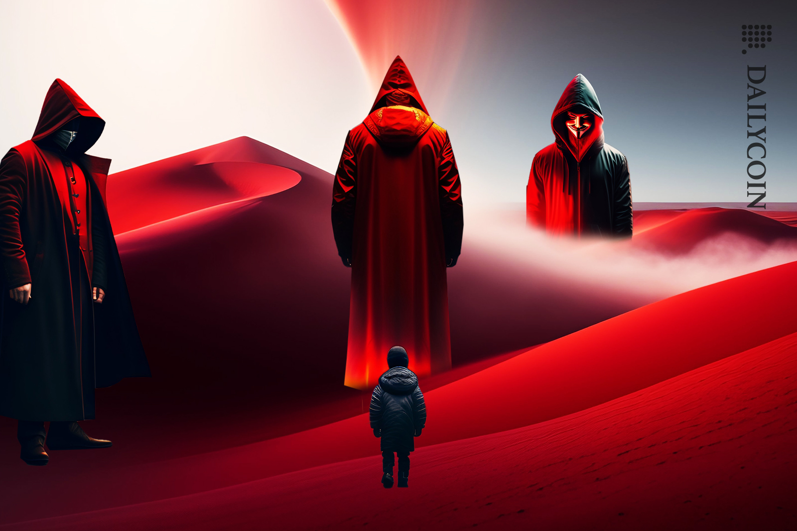 a kid in a dangerious land full of hooded characters in red and hiding in smoke
