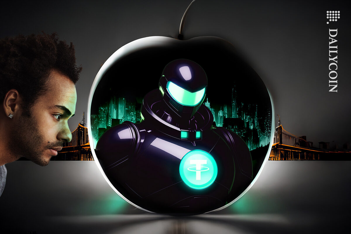 Man looking into the apple of his eye, strong Tether.