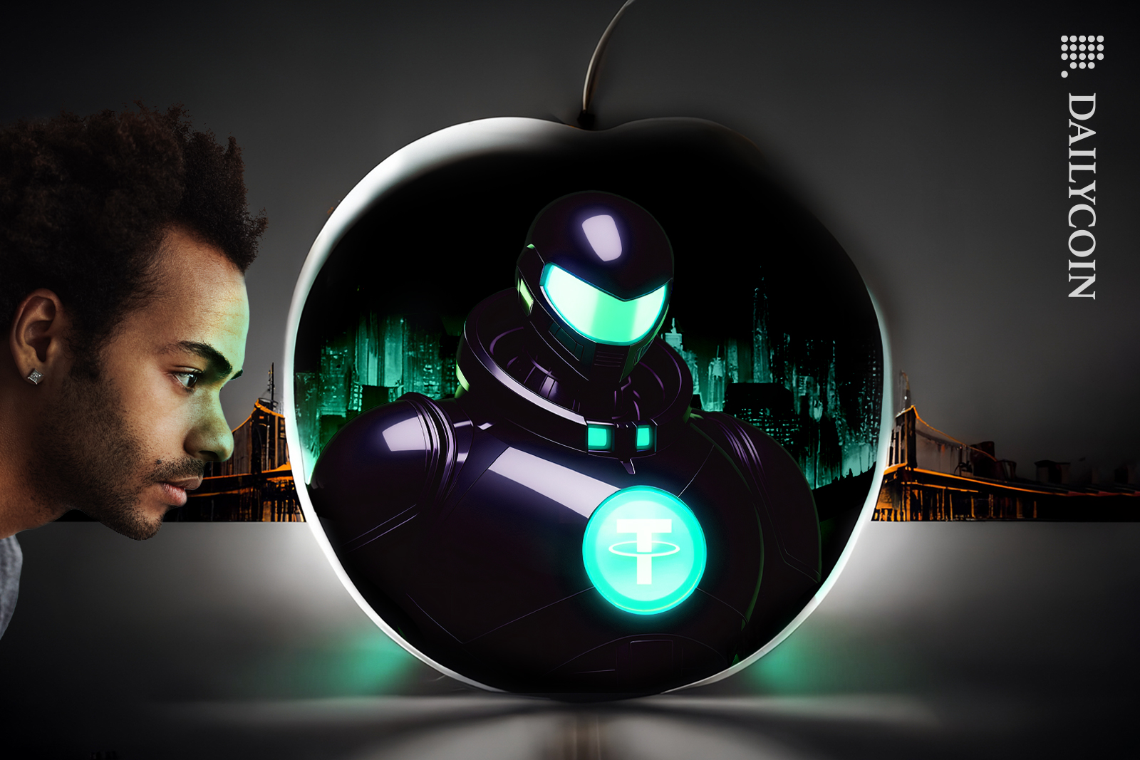 Man looking into the apple of his eye, strong Tether.