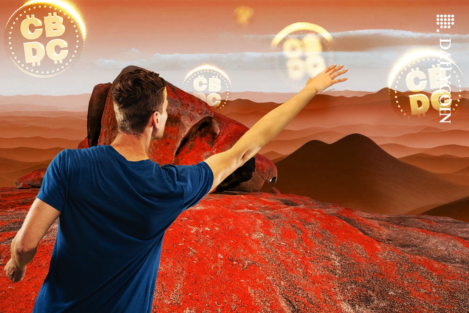 Man in Australian lanscape trying to stretch his arm to reach CBDC coin.