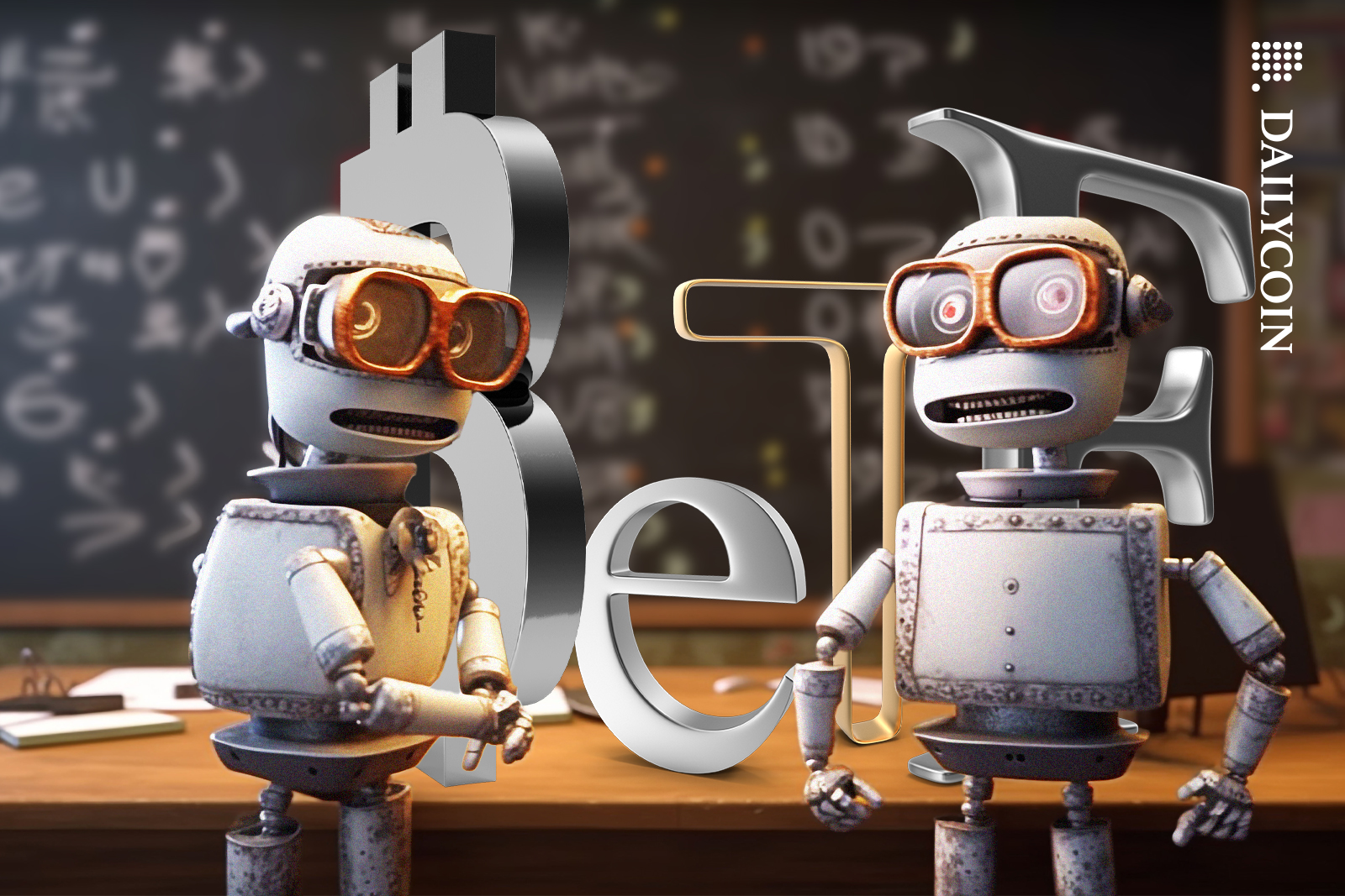 Two robots discussing Bitcoin ETF and their calculations.