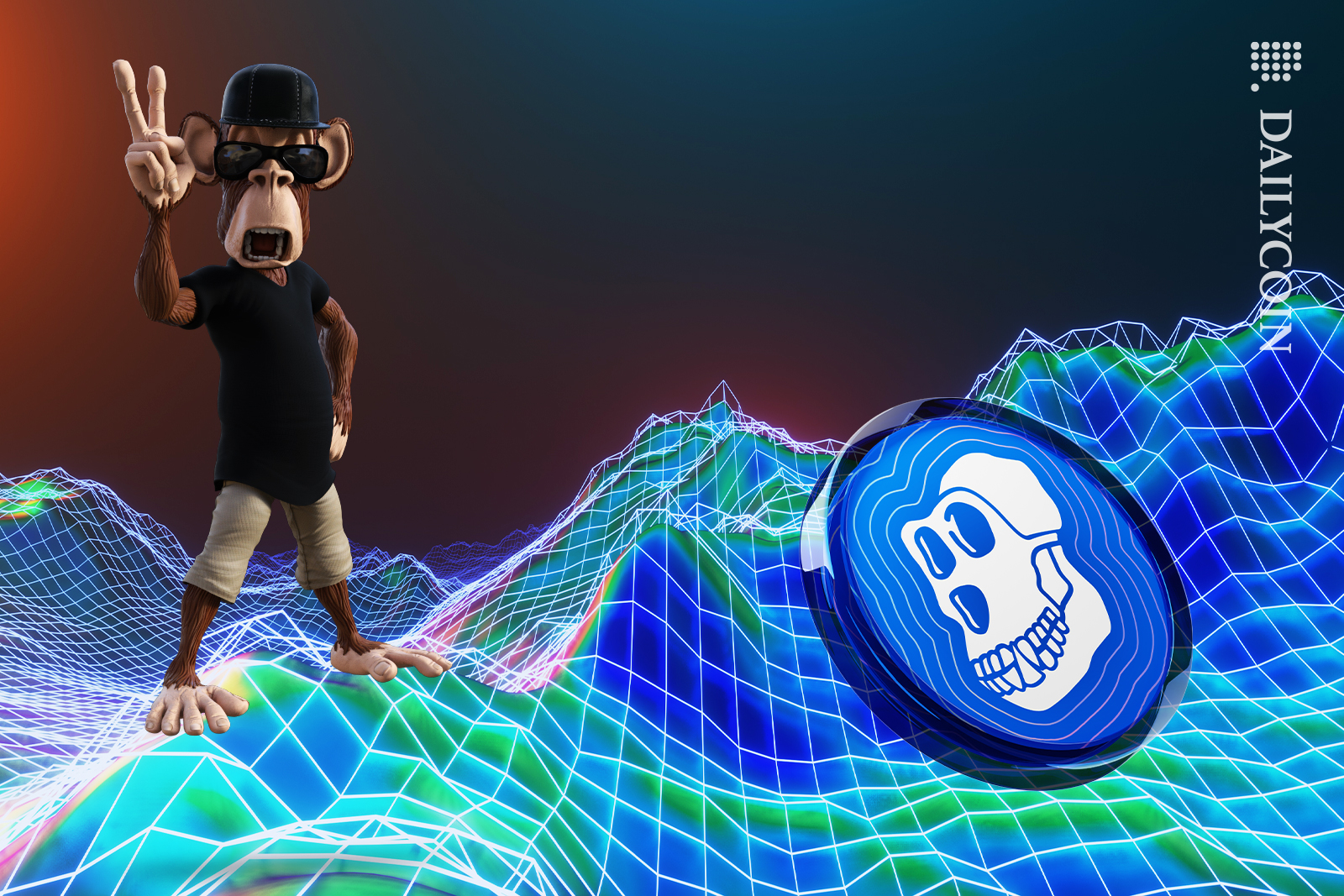Apecoin sitting on stable ground. Bored Ape showing peace sign.