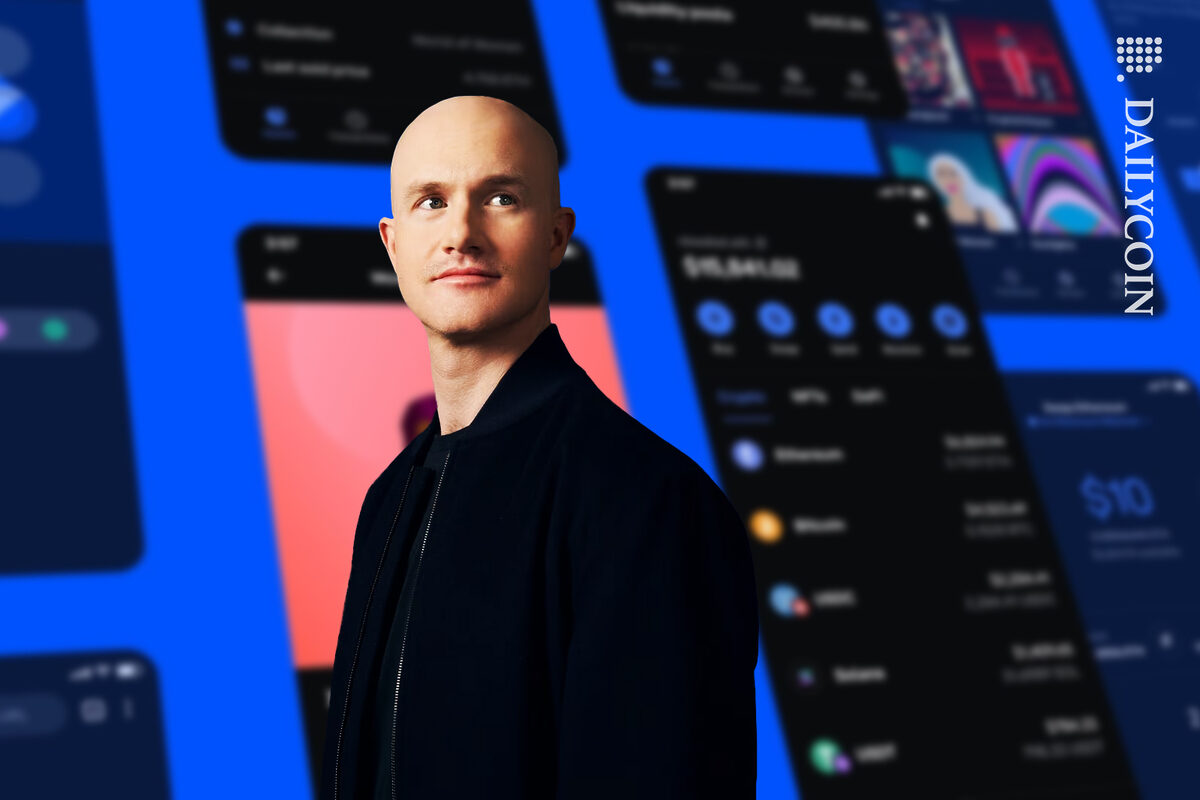 Brian Armstrong standing next to slides of Coinbase wallet.
