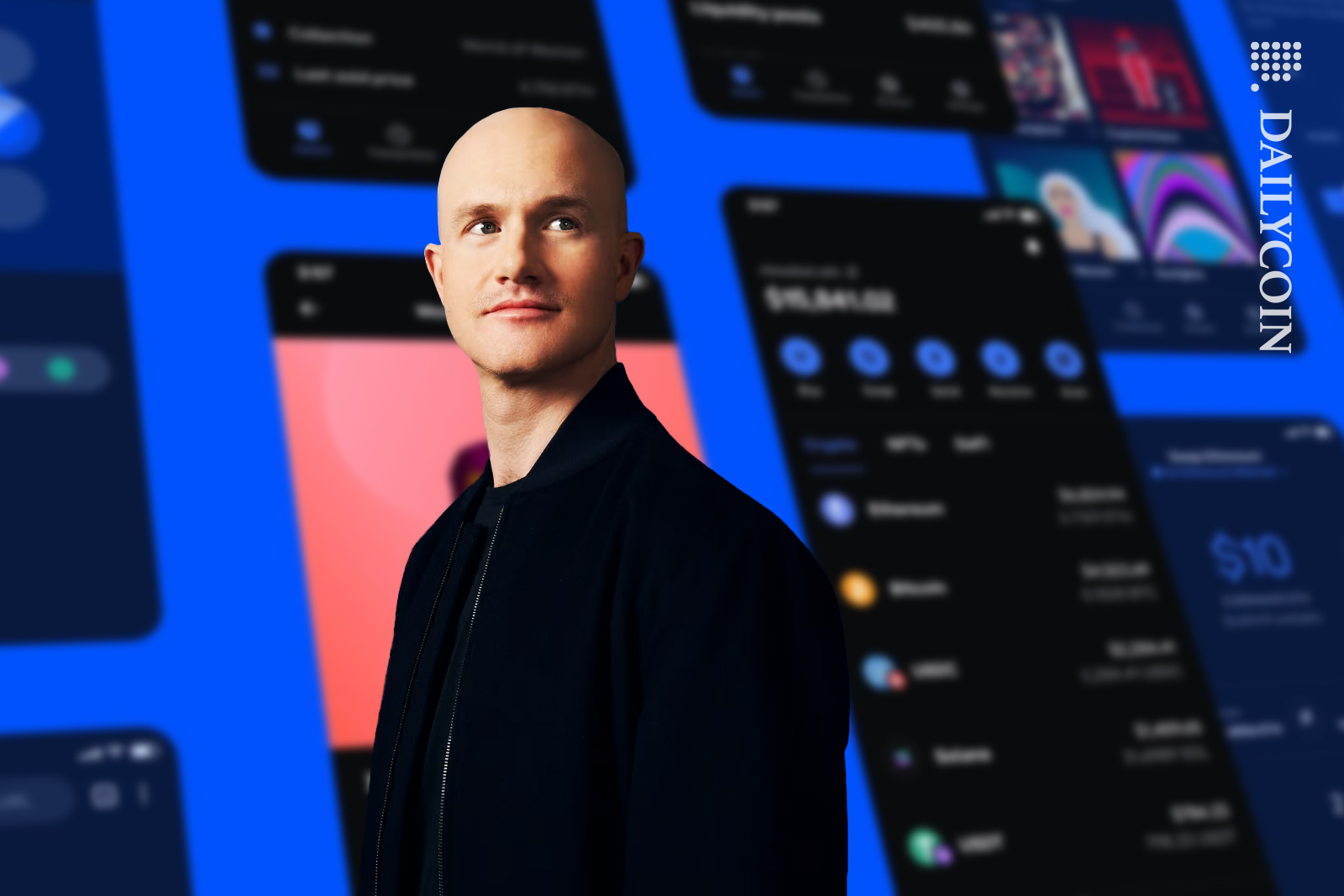 Brian Armstrong standing next to slides of Coinbase wallet.