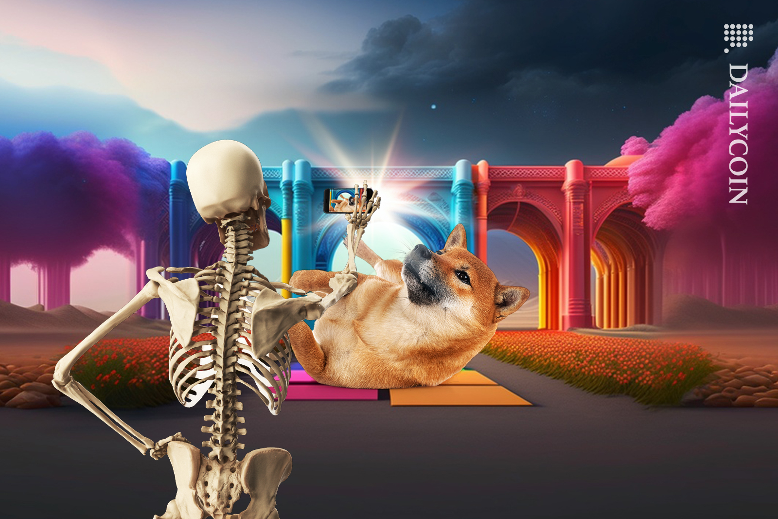 Skeleton man taking a picture of Shiba inu next to a bridge.