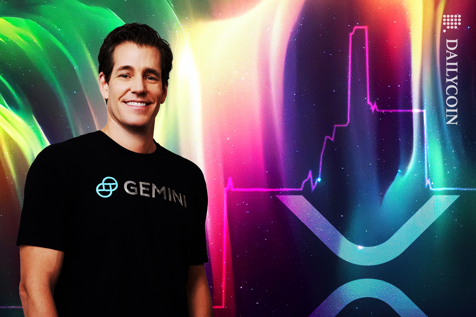 Cameron Winklewoss looks with raised eyebrows, next to the price of XRP shooting up.