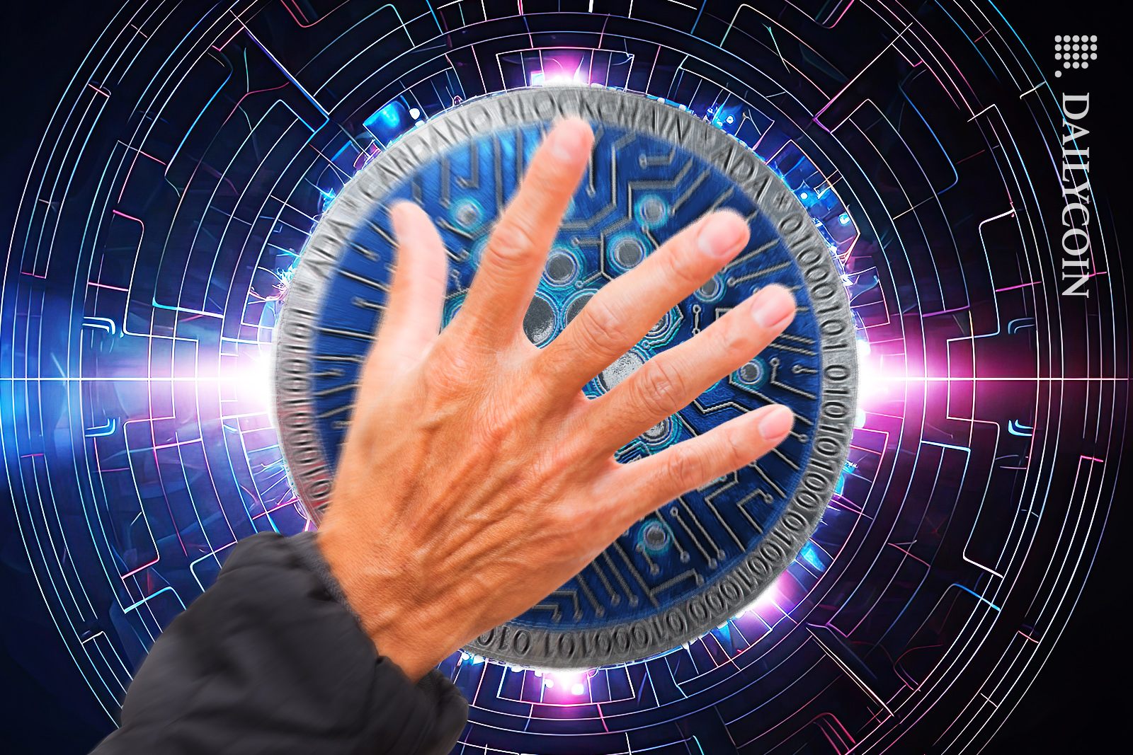 Hand pressing the Cardano button to start Voltaire Era.