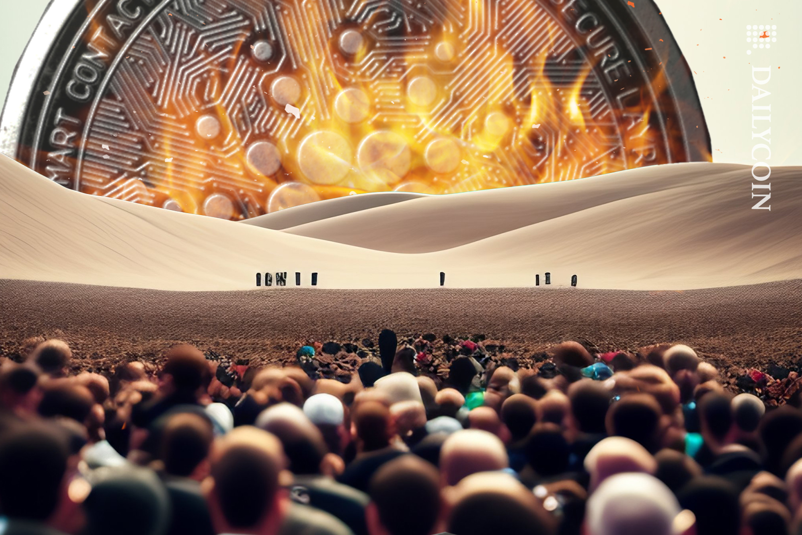 A crowd of people watching as Cardano burns into flames.