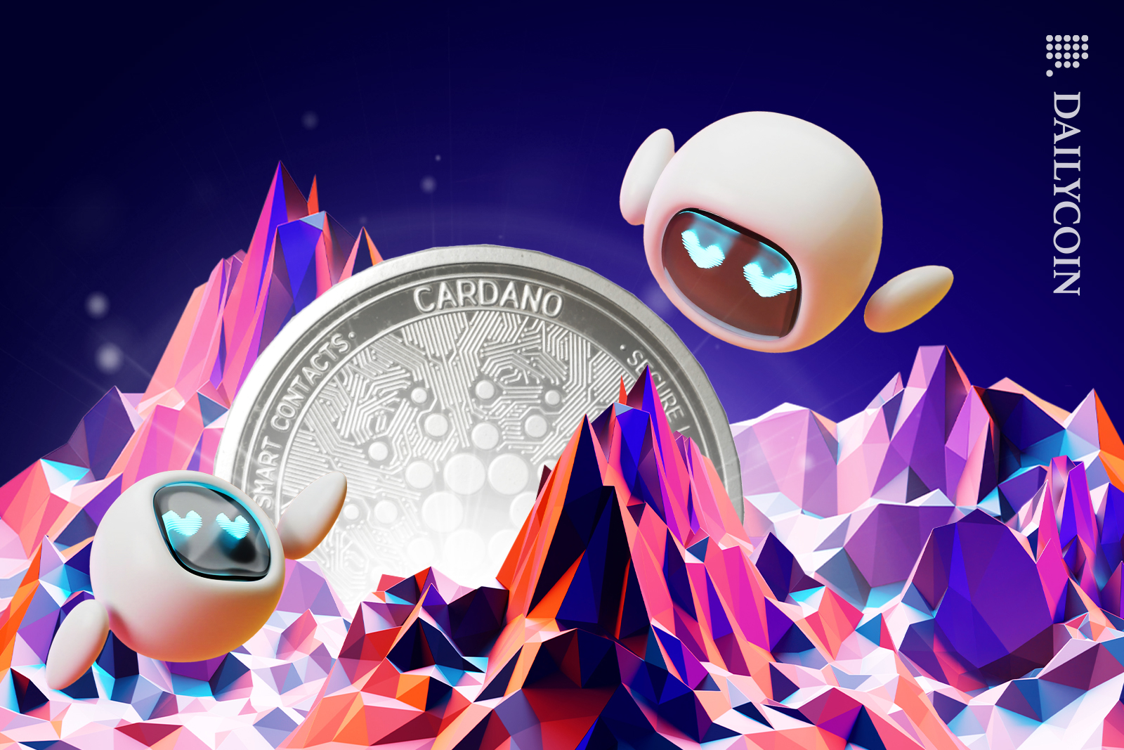 Cardano ADA shinning two robots admiring it.