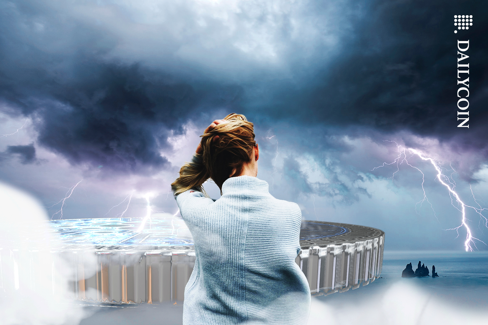 Lightning storm on Cardano, woman holdiing her head.