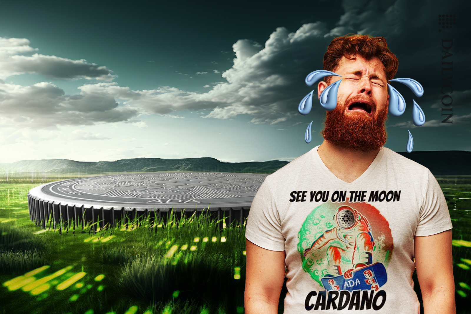 Man crying that Cardano is flat on earth, and his t-shirt says see you on the moon, Cardano.