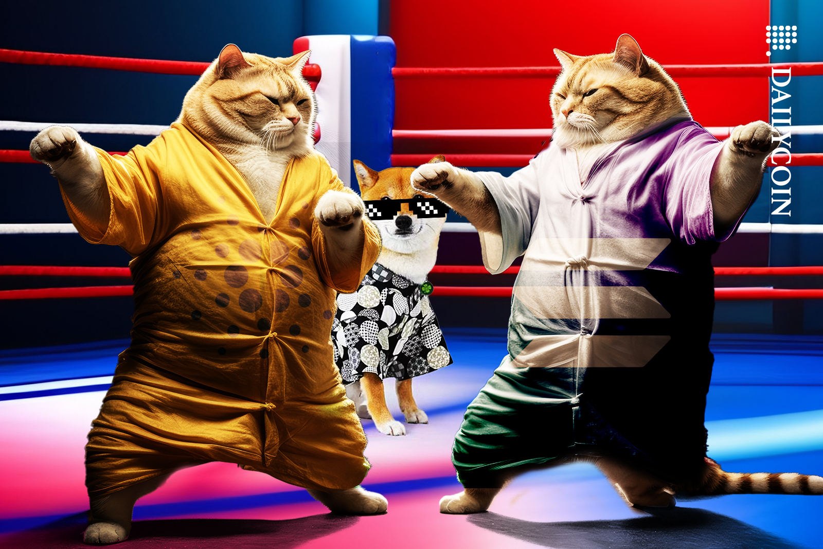 Two big cats fighting Cardano and Solana, ad Doge is just staring at them.