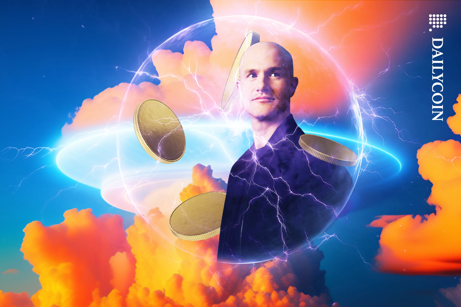 Brian Armstrong inside of a lightning bubble with coins in the sky.