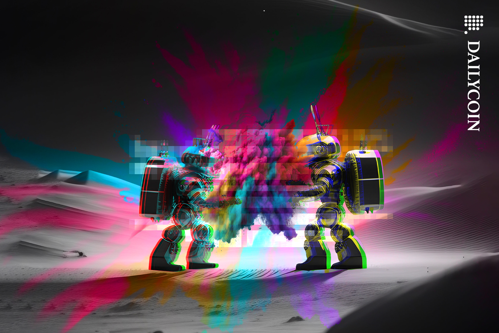 Two twin robots fighting in a explosion of code.
