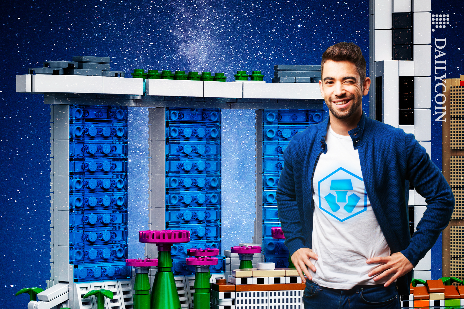 Crypto.com supporter winking in lego Singapore city.