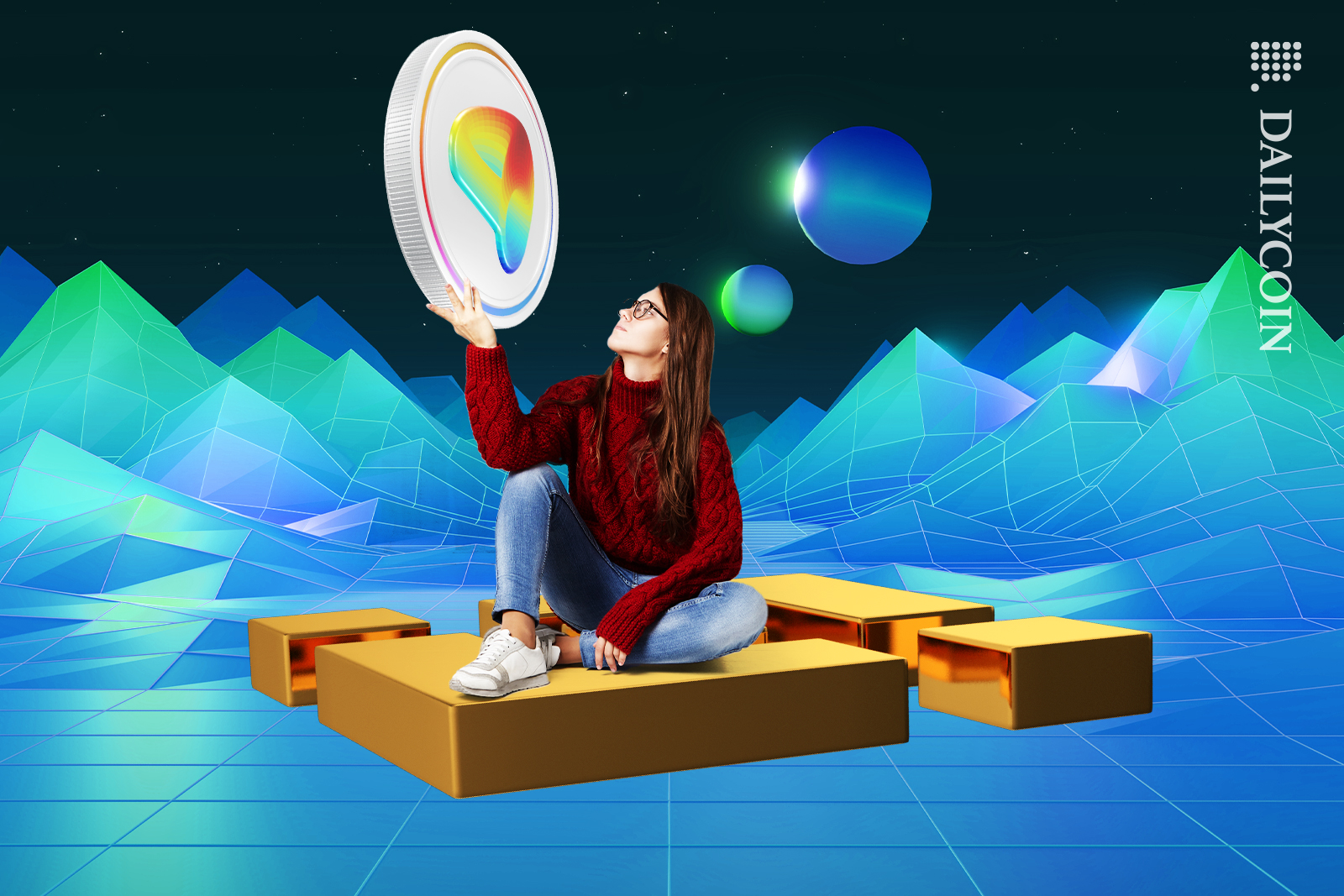 Girl sitting on Binance logo holding the Curve finance coin.