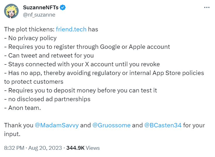 friend.tech concerns listed by SuzanneNFTs on X.
