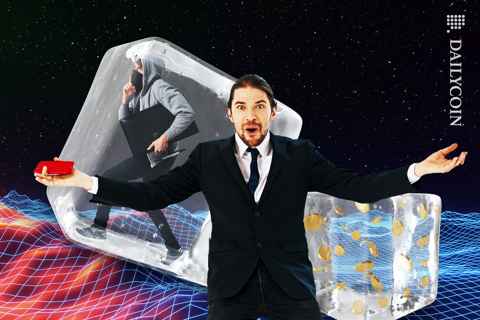 Man wondering 'What in the world is going on'', a hacker is frozen and coins.