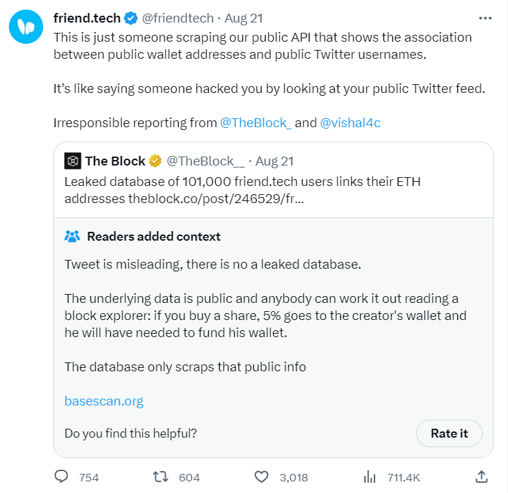 friend tech response to data leak accusations on X (former Twitter).