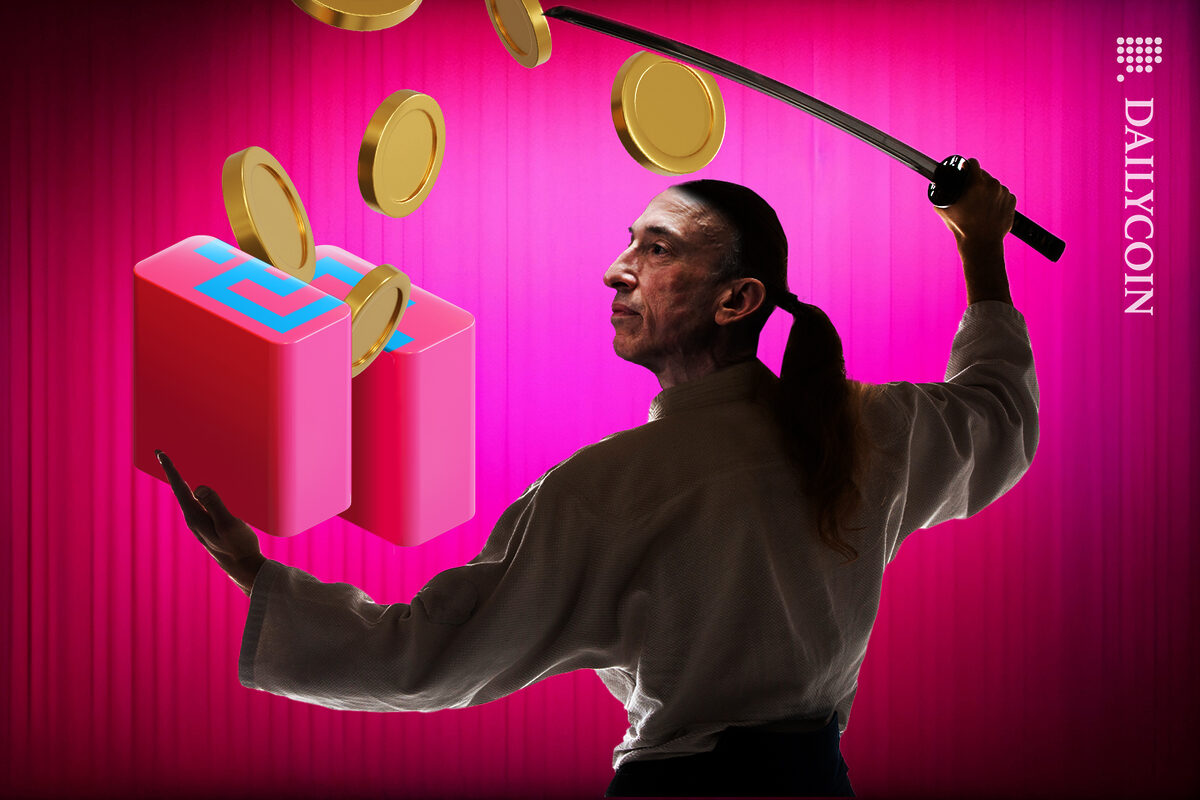 Gary Gansler with a sword slashing Bittrex in half which is releasing coins.
