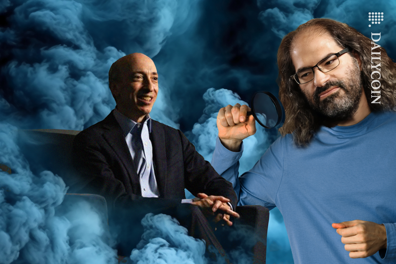 Ripple CTO David Schwartz, looking at Gary Gensler up close with magnifying glass.