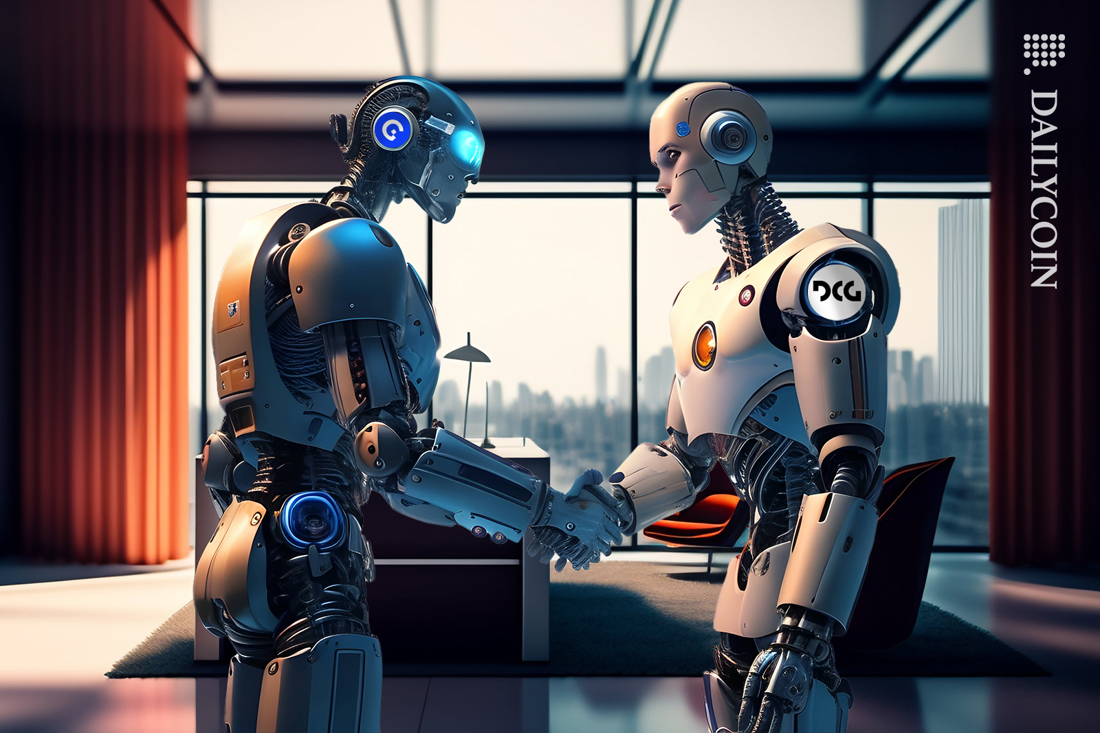 Genesis robot and DCG shaking hands in an office.
