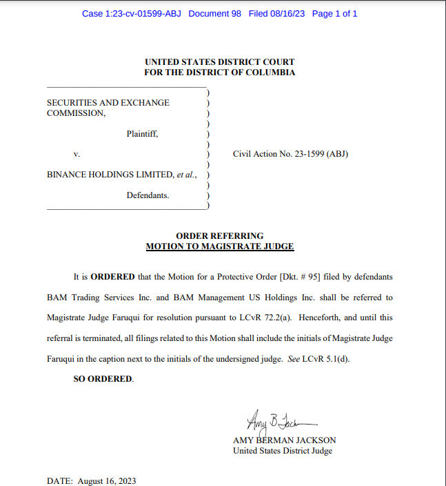 Court order referring Binance’s motion for protective order to a magistrate judge.