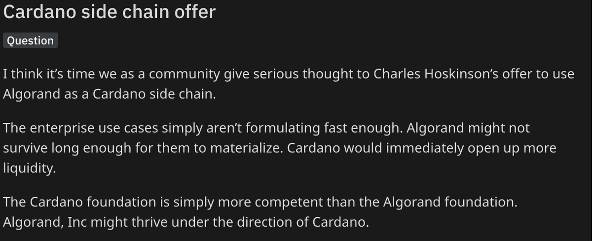 Algorand community member post on Reddit.