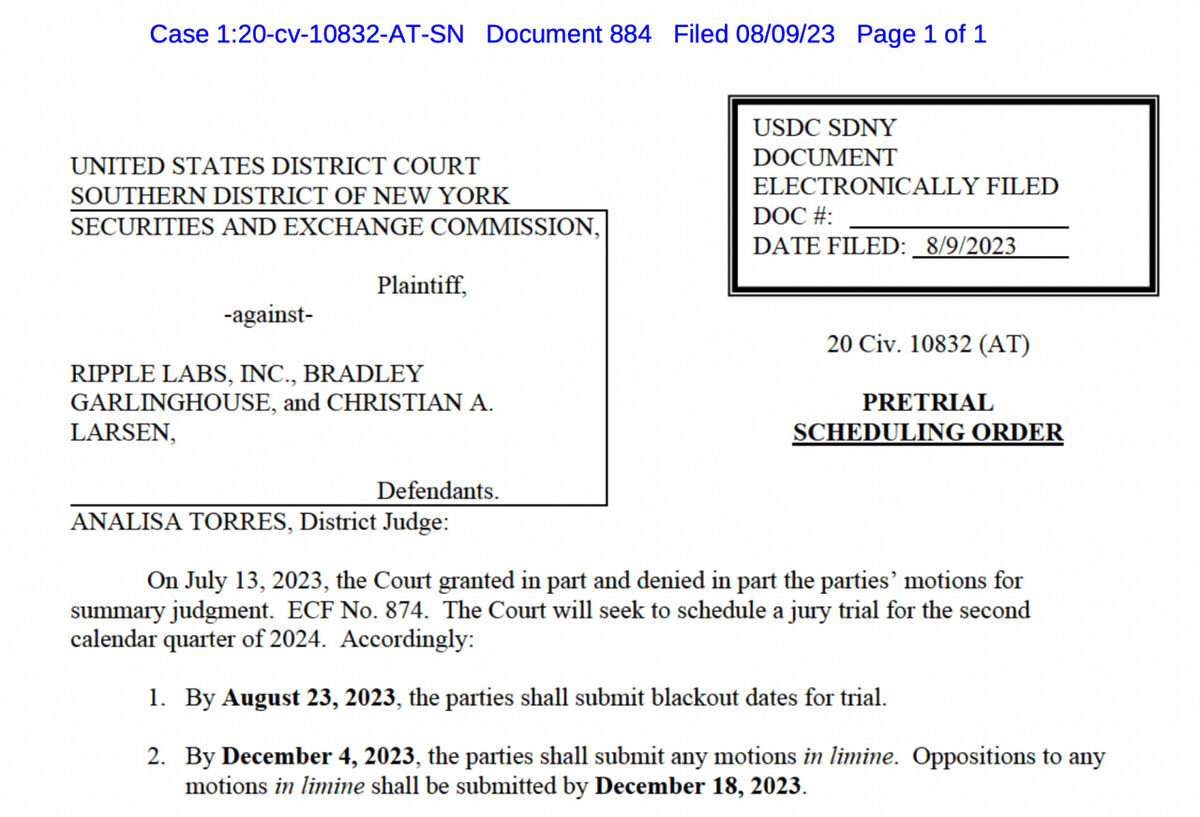 A court document detialing the SEC vs Ripple lawsuits Pretrial scheduling order directed to Ripple Labs, Brad Garlinghouse, Chris Larsen and United States Securities and Exchange Commission. Source: CourtListener
