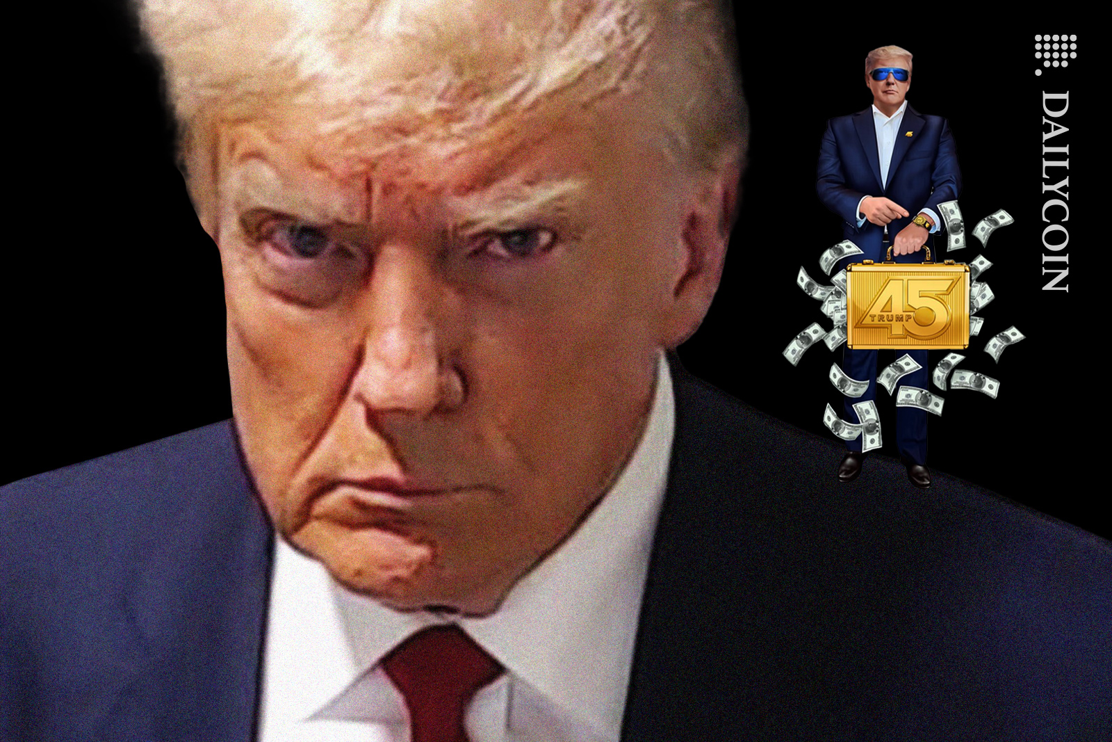 Donald Trump mugshot, NFT with a suitcase of money on his shoulder.