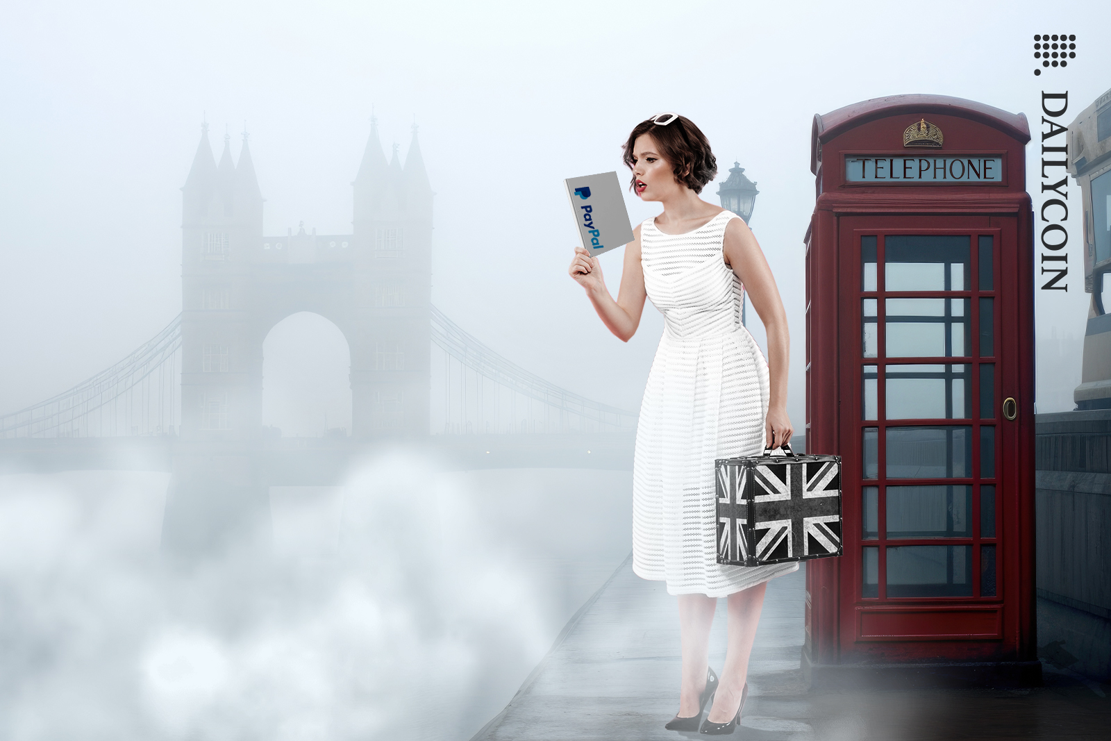 Girl arriving in gloomy London, reading the PayPal guide.