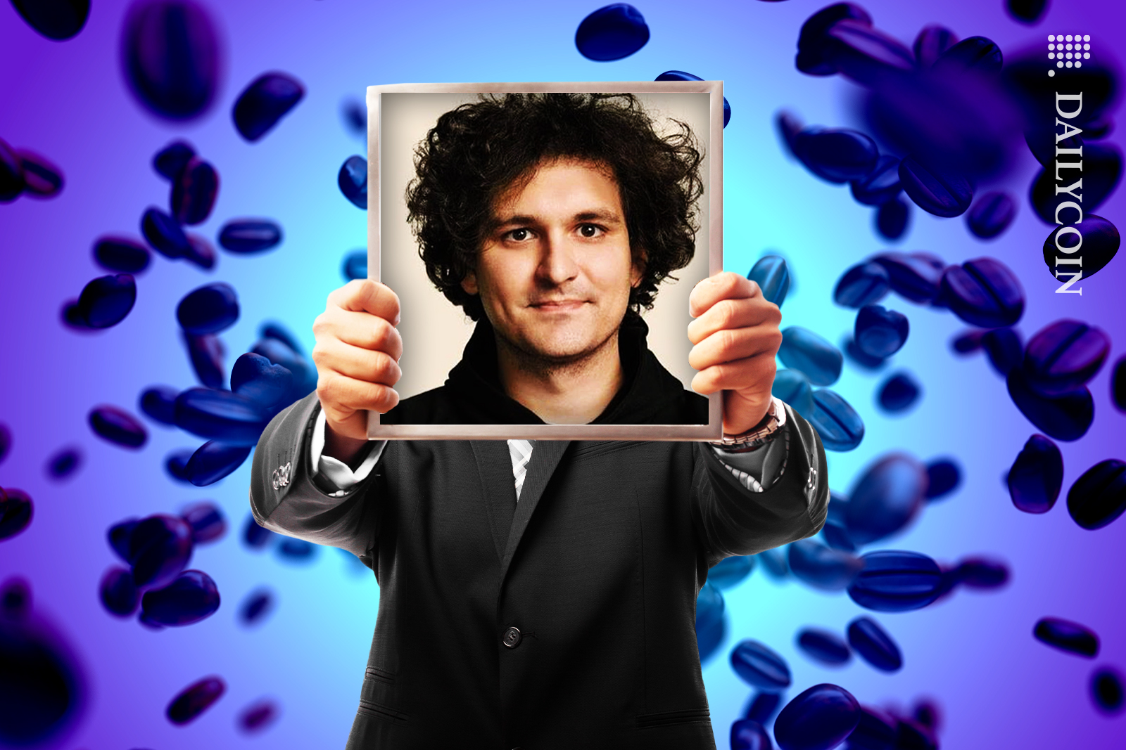 Man showing a picture of Sam Banksman-Frieds face, with flying coffee beans behind.