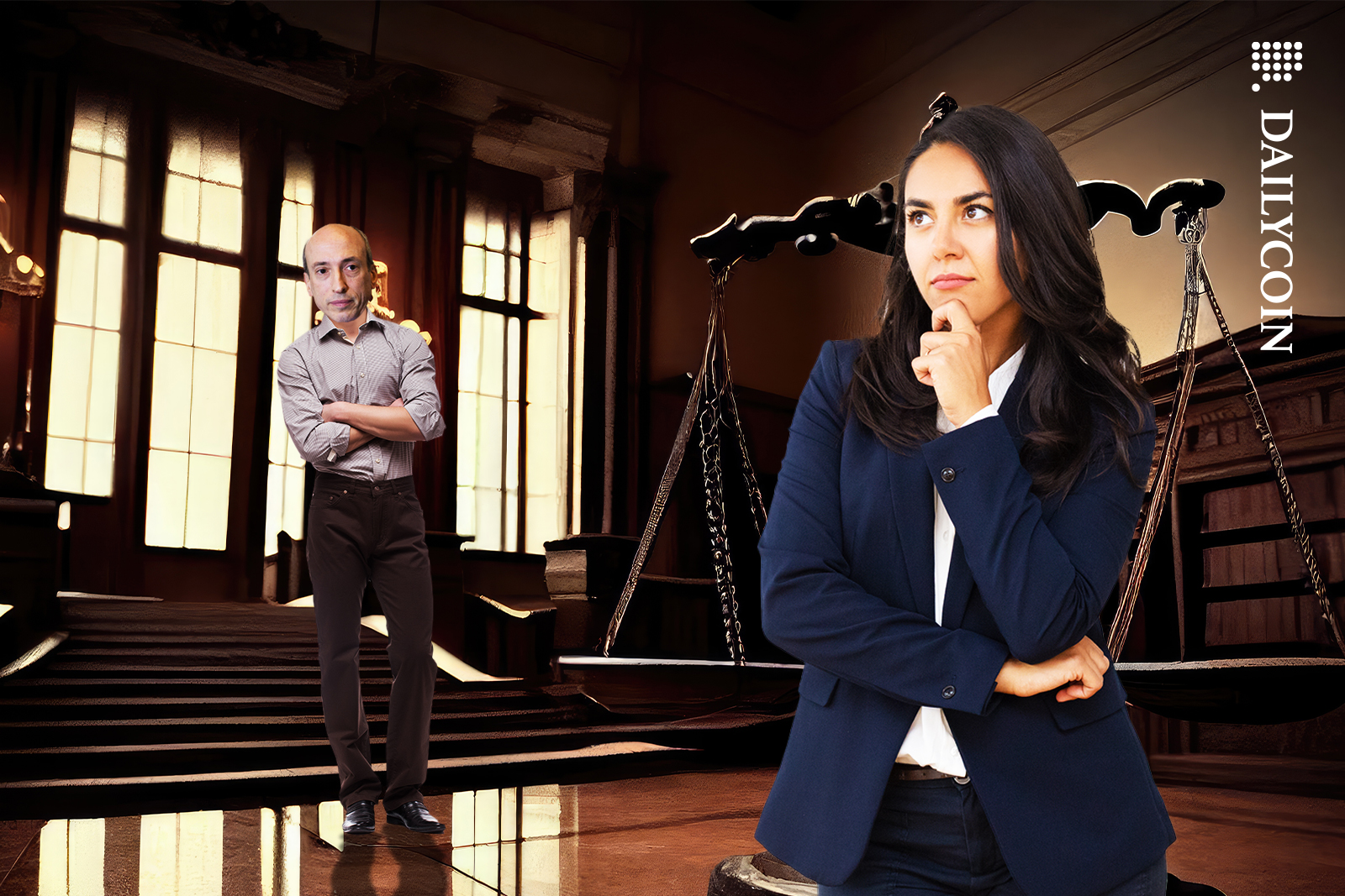 Woman in court building, wondering about the SEC case, Gary Gensler, intrigued about what she's thinking.