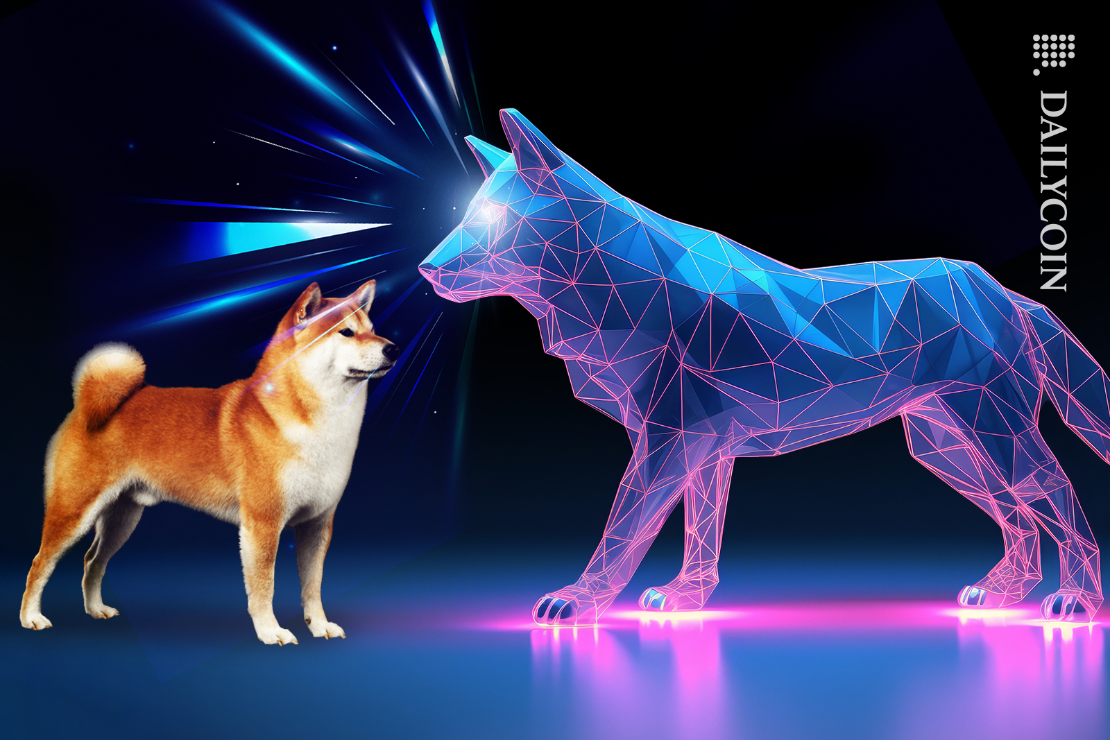 Shiba inu admiring the perfect version of digital Shiba Inu on Shibarium