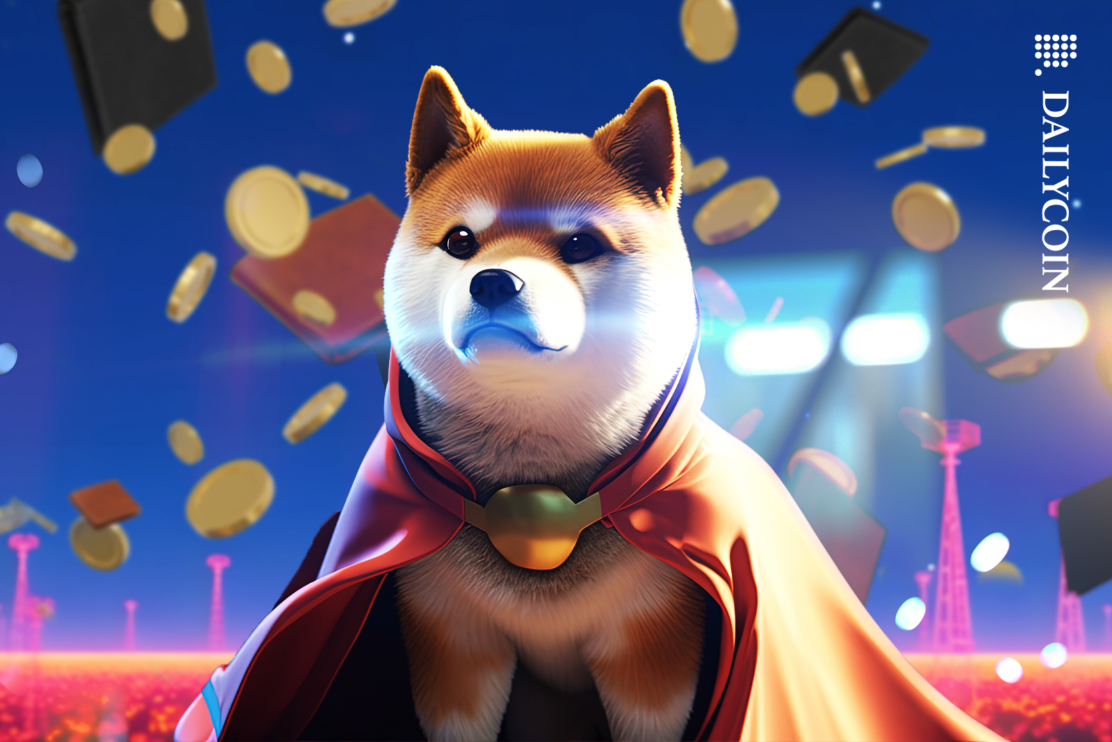 Shiba inu dressed up as a hero, with flying Shibarium wallets behind him.