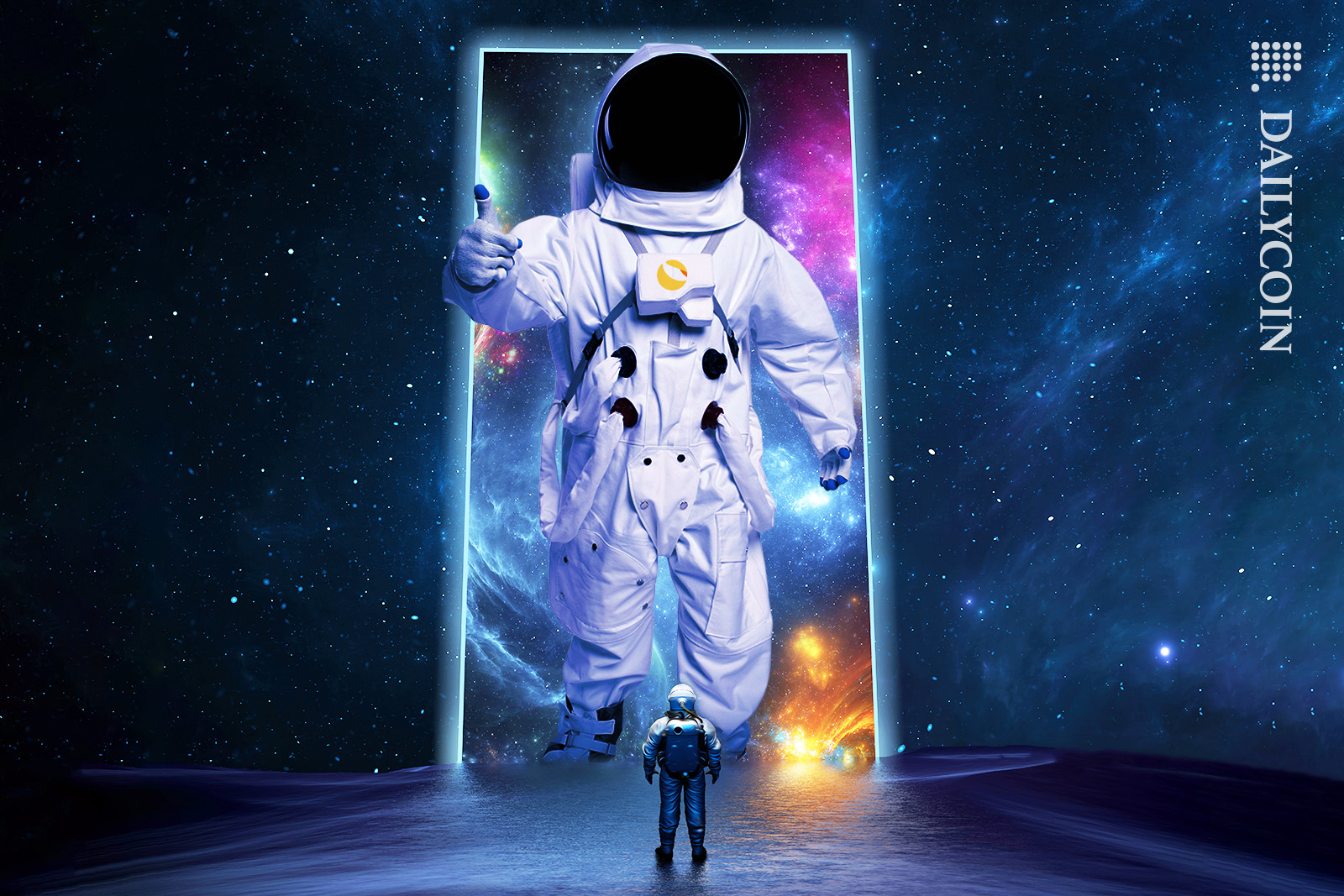 Terra Luna astronaut showing thumbs up in space through a galaxy door.
