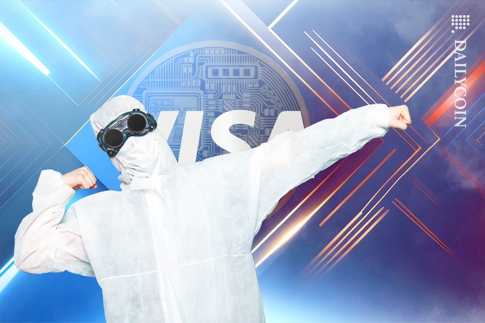 Man in gas mask, dabbing next to Visa crypto sign.
