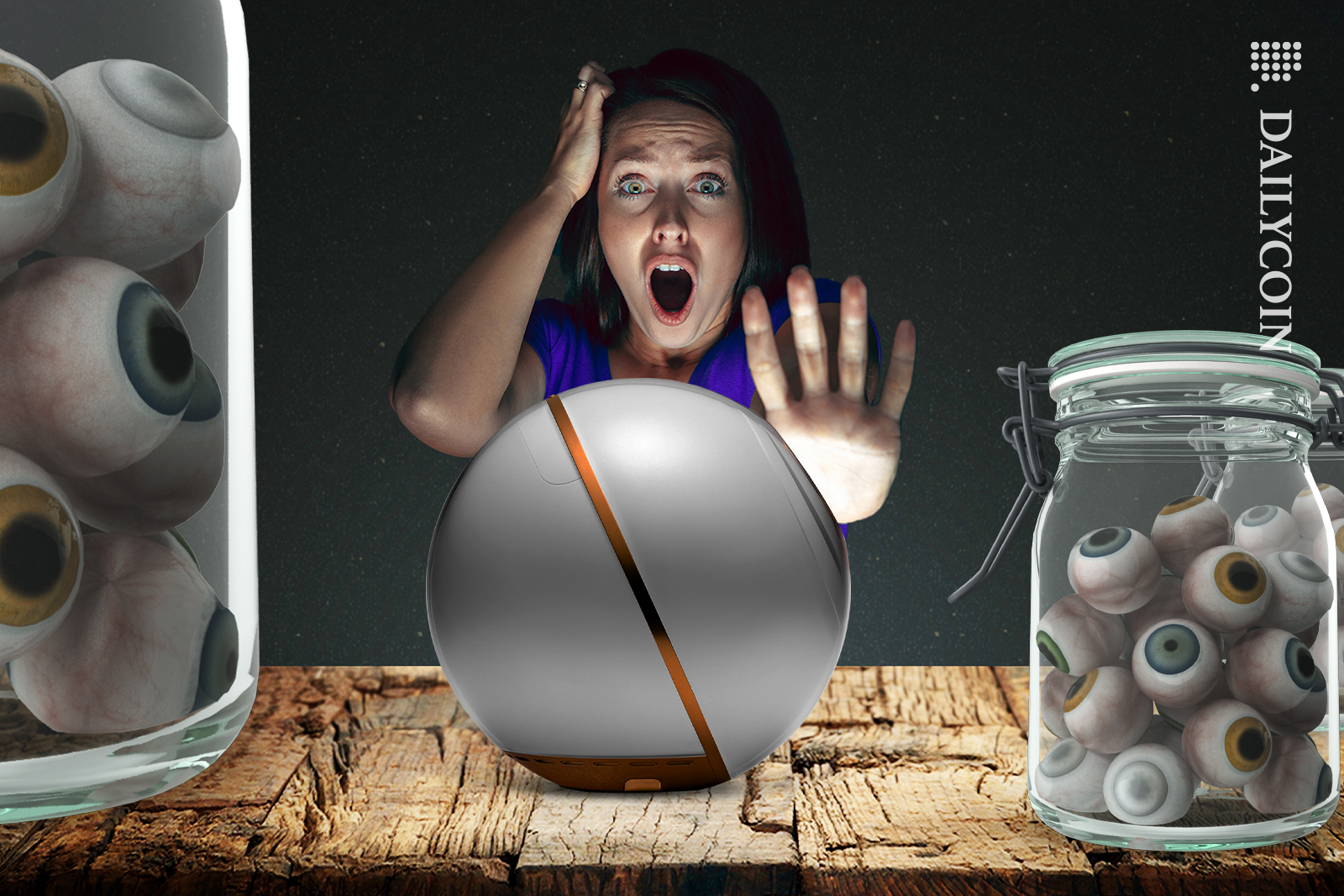 Woman seeing all the eyes, Worldcoin machine collected. She is in shock stepping away.