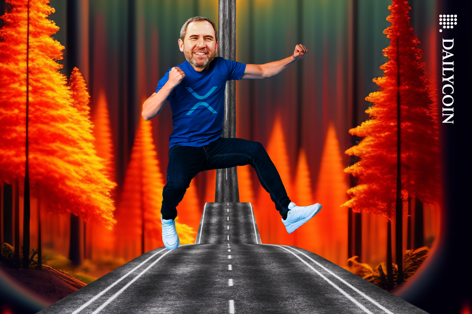 CEO of Ripple and XRP Brad Garlinghouse celebrating with joy, with a clear road away from the fire.