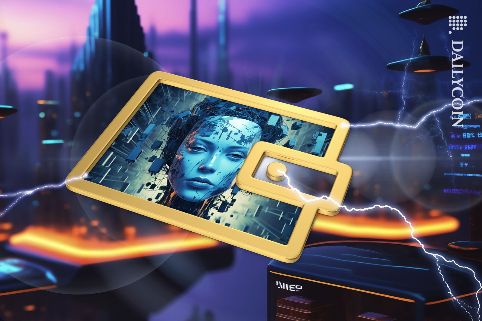 Futuristic hardwallet floating in a AI generated environment.