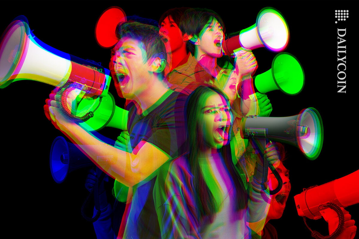 A goup of young Shiba Bone holding people shouthing through loud speakers in a RGB split composition.