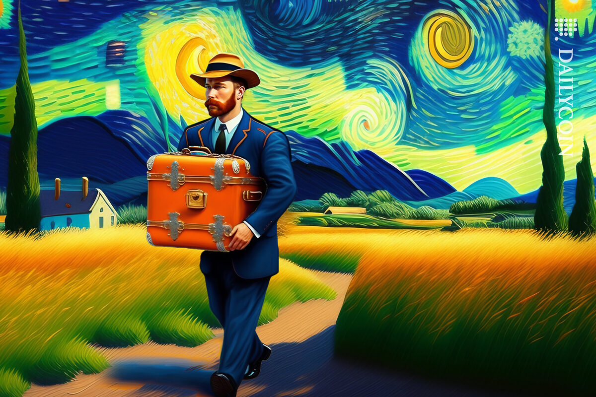 Vincent van Gogh carrying an souvenir NFT through Starry Night themed landscape.