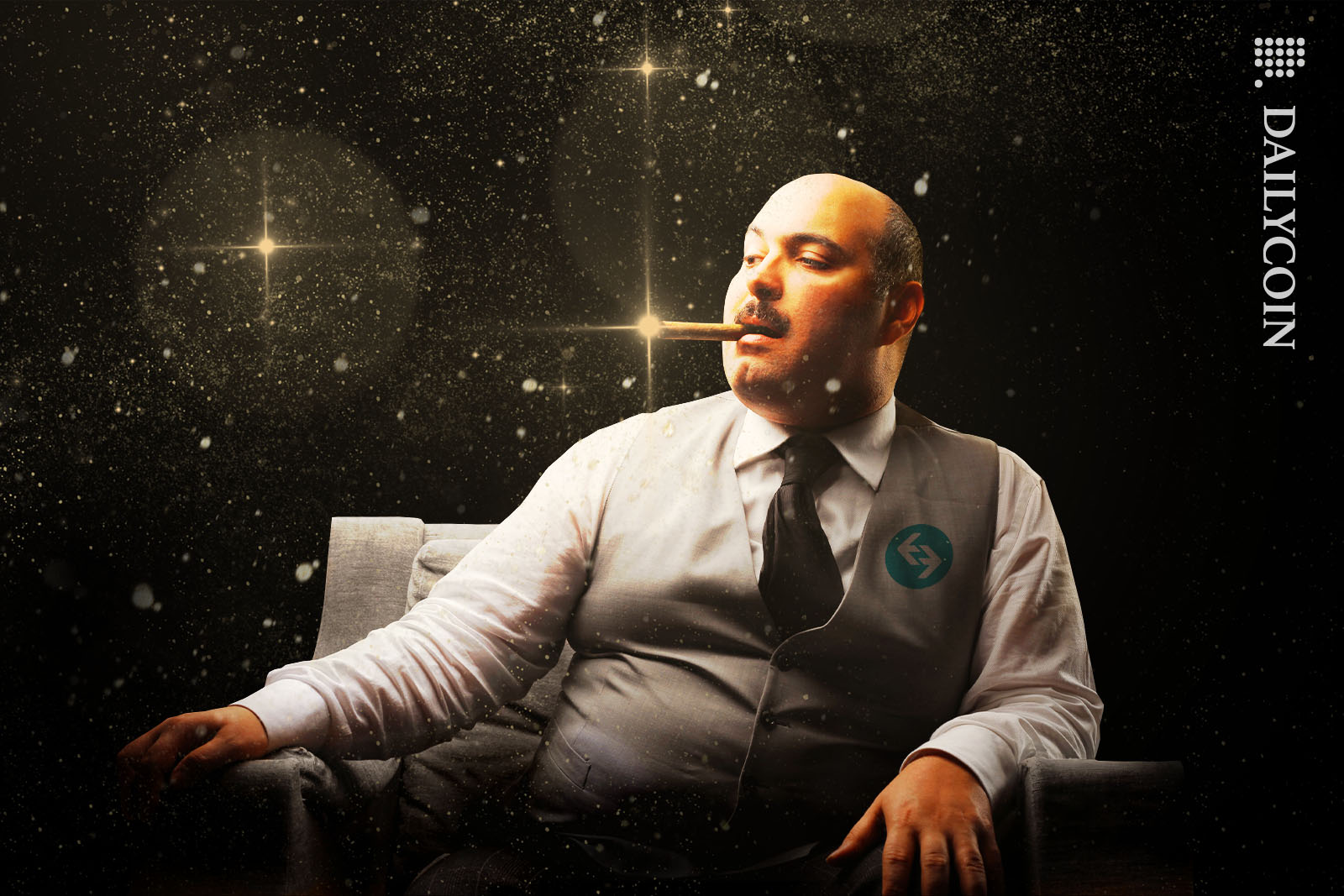 Big rich man sitting in an armchair with a cigar in his mouth surrounded by gold dust.
