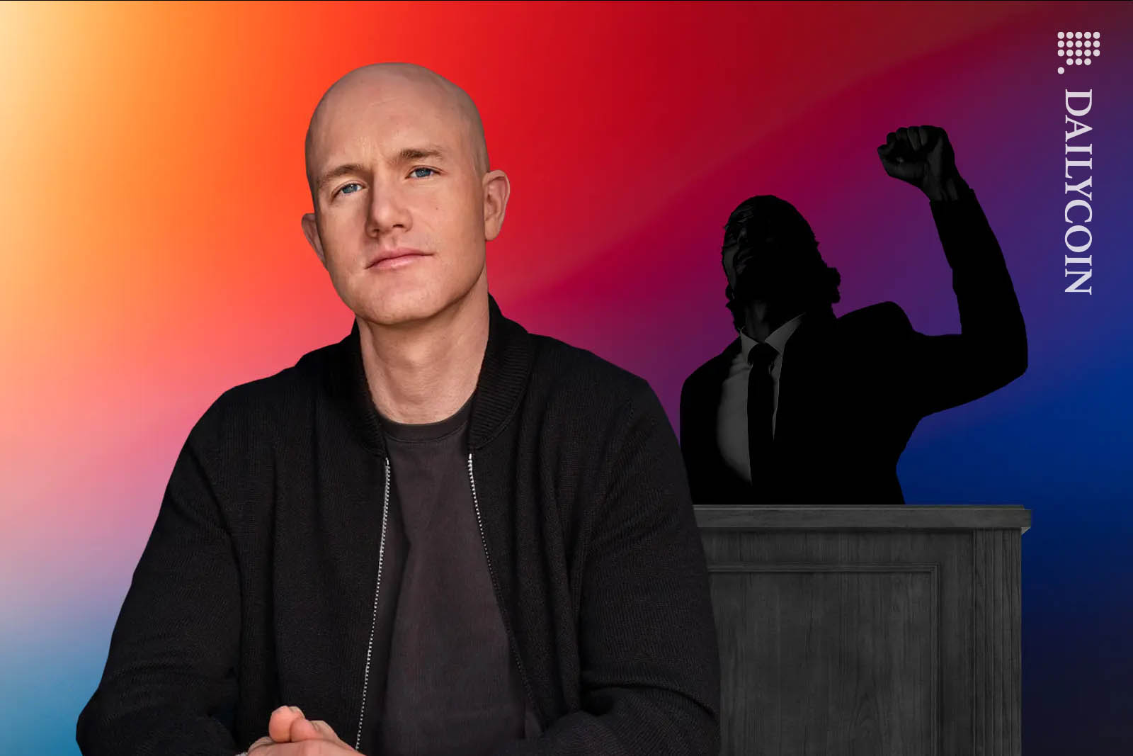 Brian Armstrong sitting proudly infront of an unidentified politician giving a speach.