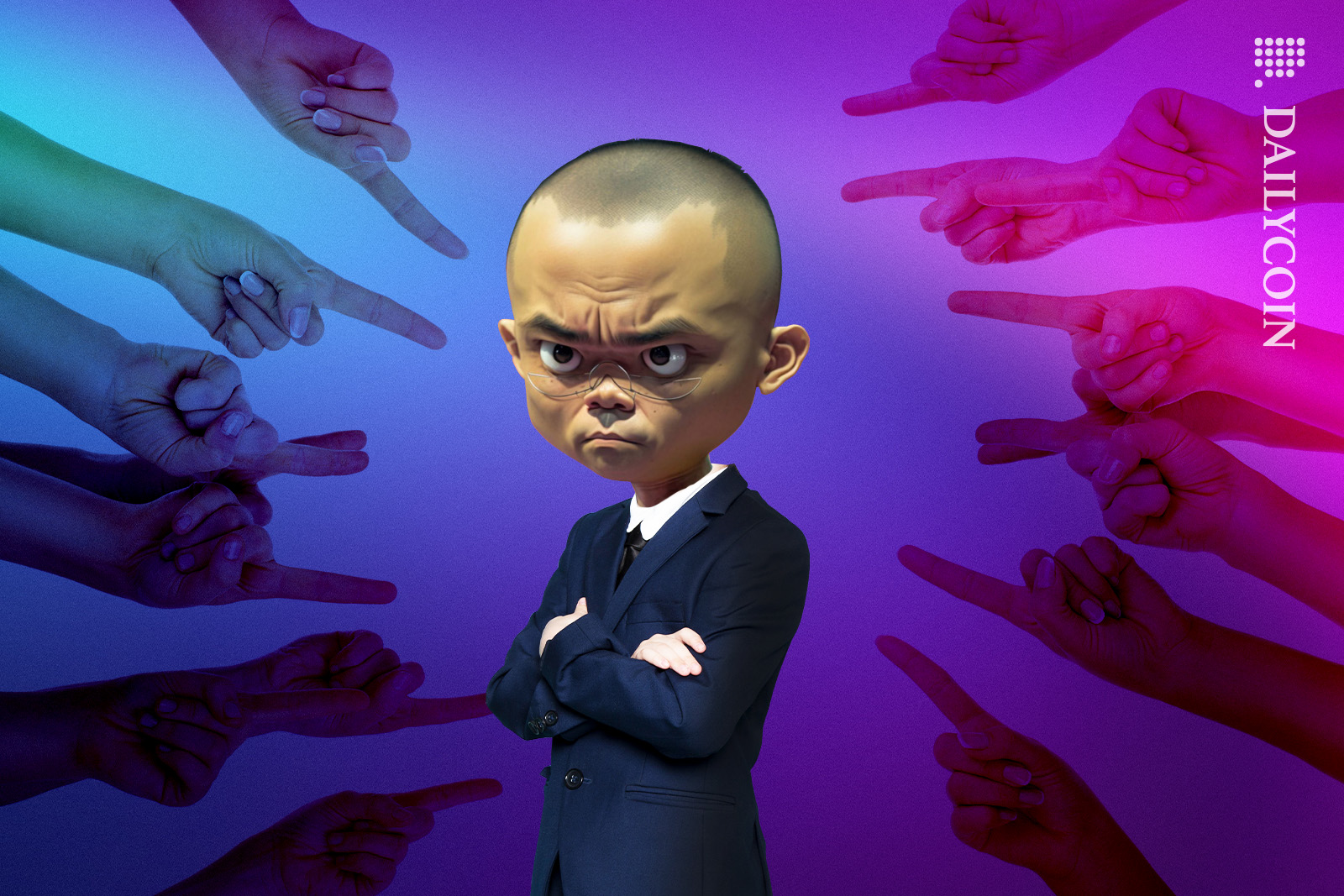 Changpeng Zhao being grumpy, as people pointing fingers at him.