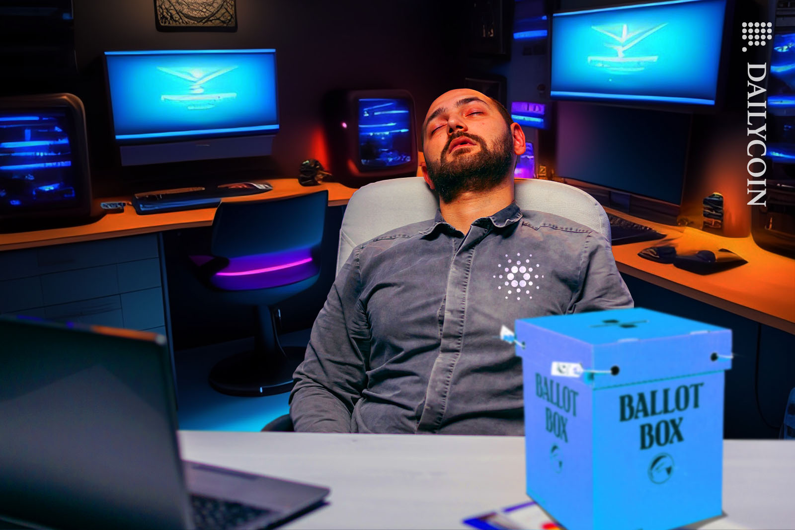 A tired cardano developer sleeping by his desk next to a ballot box.
