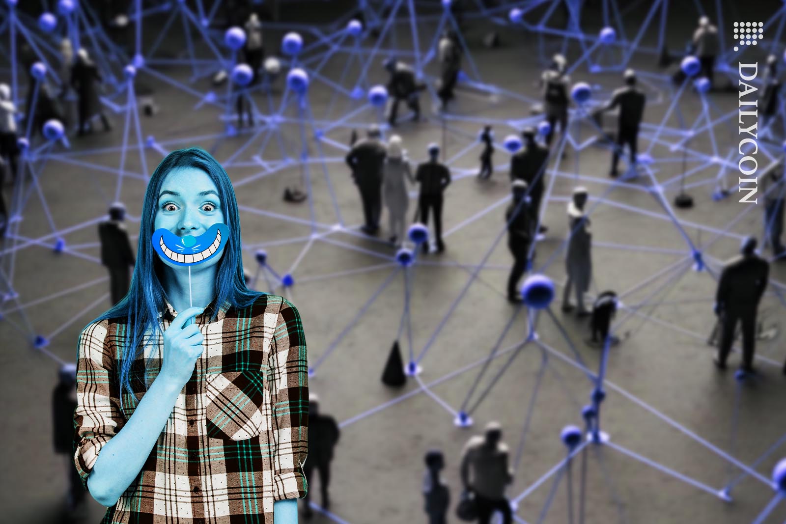 Woman with a smile mask being happy about all the activity behind her.