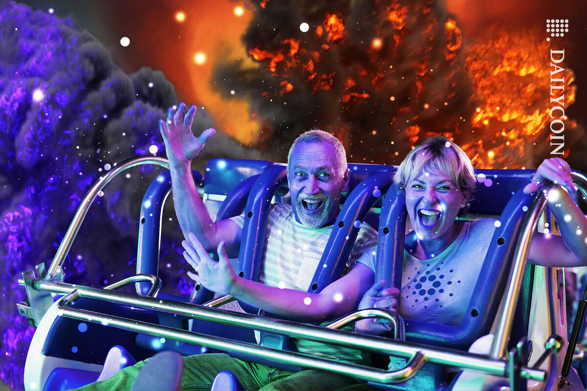 Old couple enjoying a dangerous rollercoaster ride surrounded by fire and explosions.