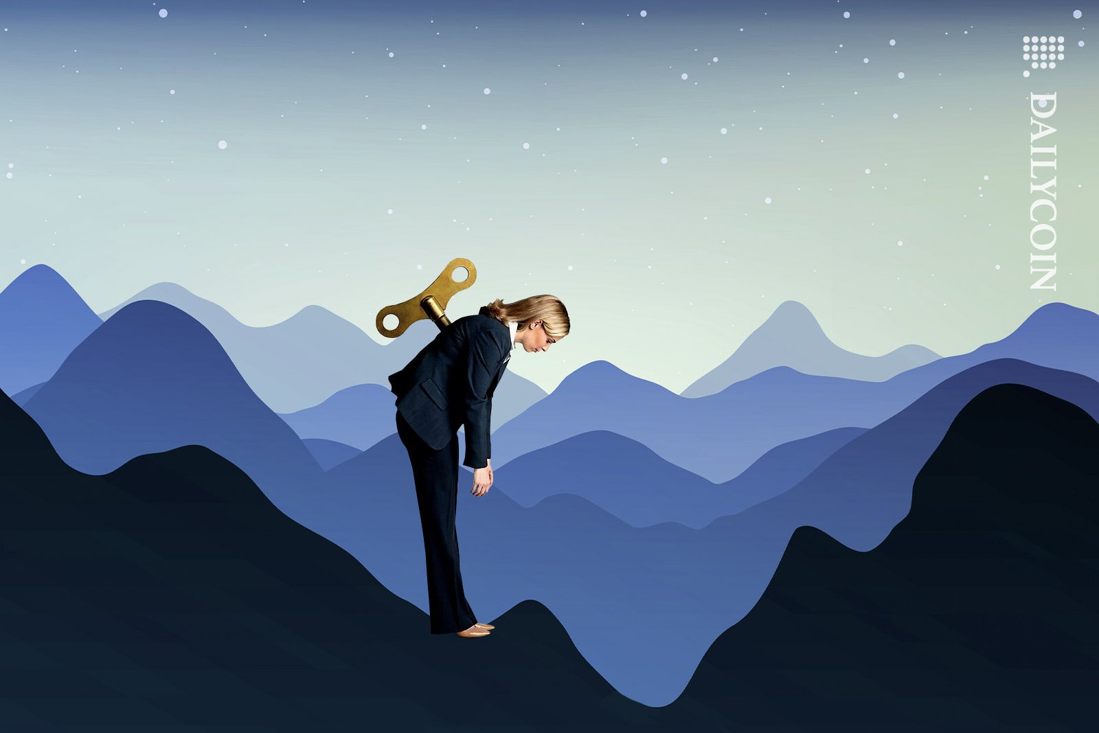 A wind-up woman out of steam on a mountain range.