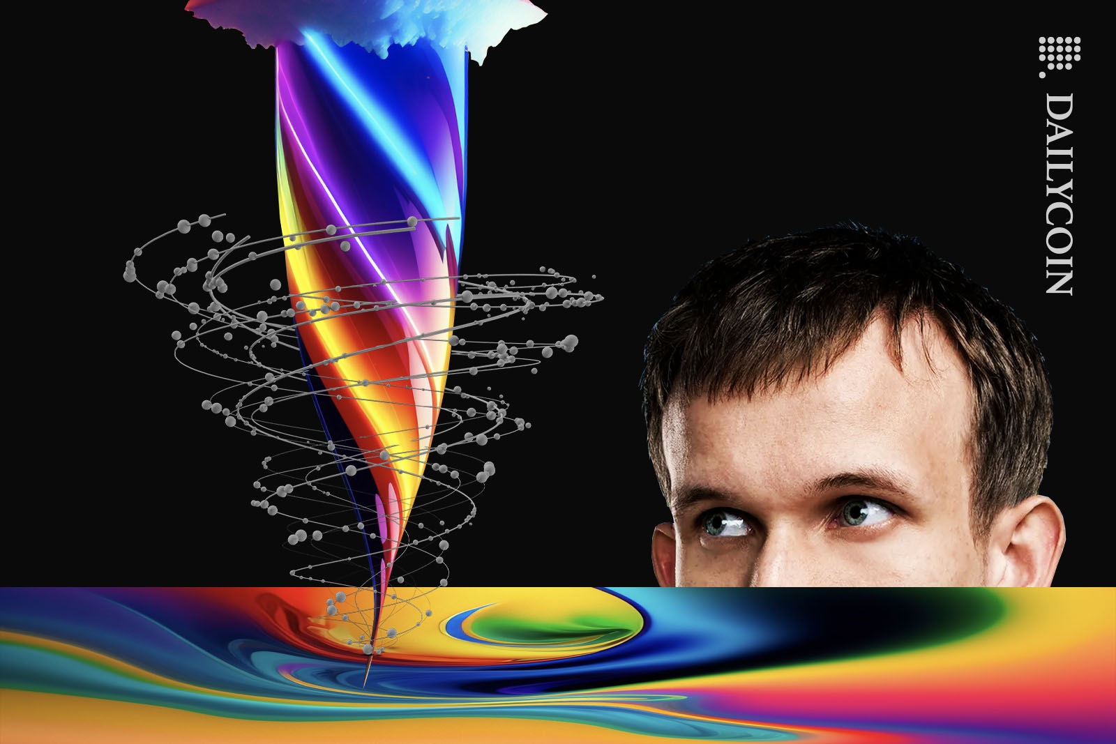 Vitalik Buterin observing an iridesent turnado in virtual space.
